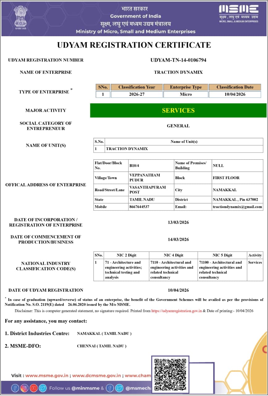 Udyam MSME Registration Certificate – Traction Dynamix Engineering – UDYAM-TN-14-0106794